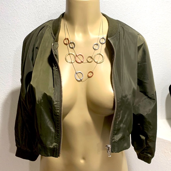naked wardrobe Jackets & Blazers - NAKED WARDROBE BOMBER JACKET OLIVE CROPPED SIZE L 3/4 SLEEVES BRAND NWT PRISTINE